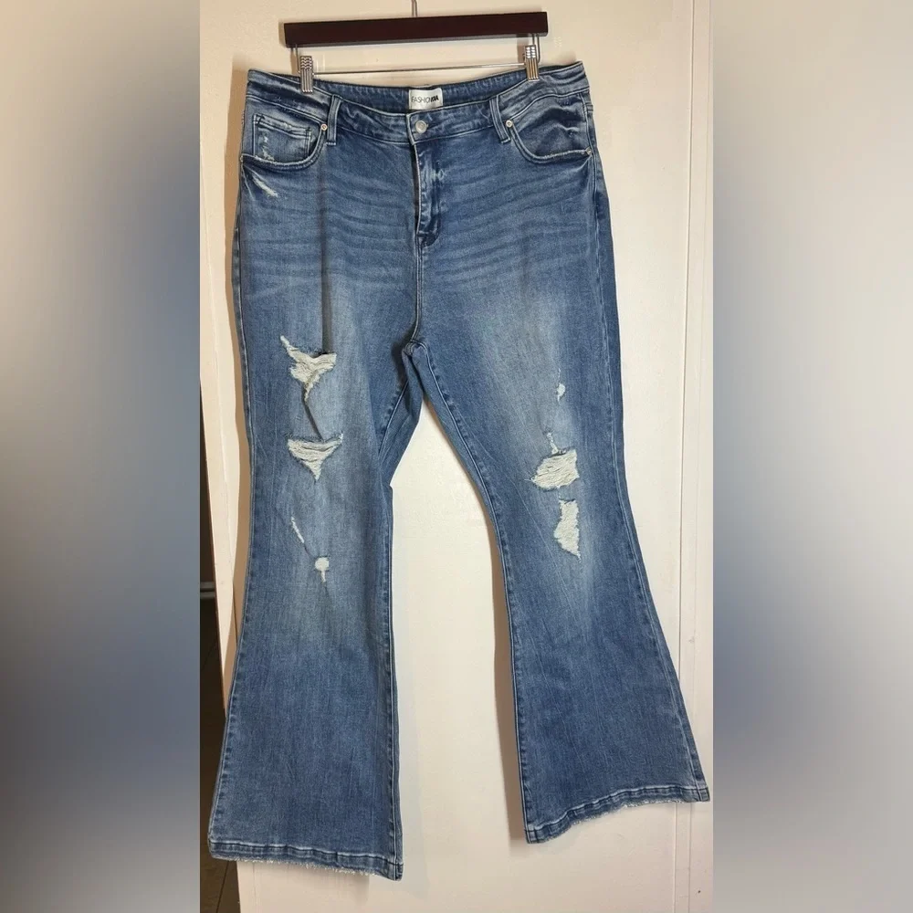 Fashion Nova Marley Ripped Compression Flare Jeans -Medium Wash